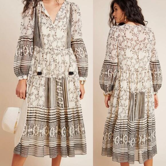 Anthropologie Talulah Tiered Midi Dress Cream Black Boho Tiered Patterned Boho - Picture 1 of 9